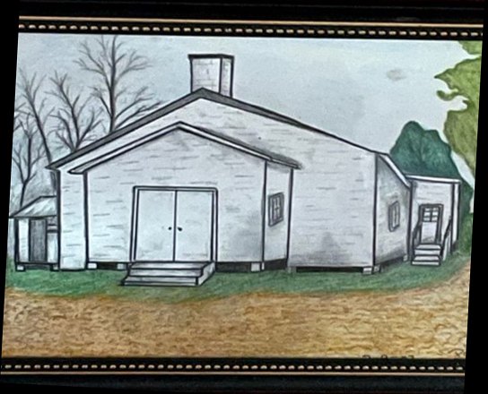 Drawing of Flint River's first church building, a white wooden meeting house